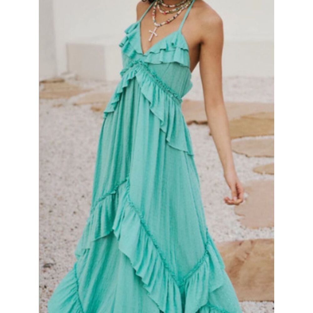 Whimsical Seafoam Green Bohemian Tie-Back Maxi Dress  Size S M L XL